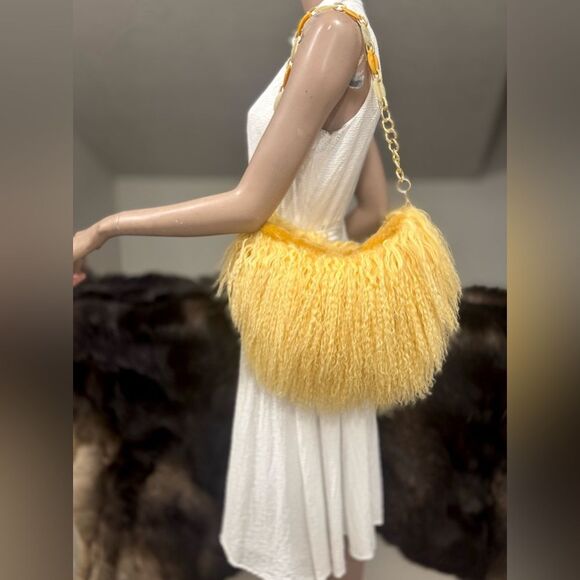 Yellow Real Mongolian Lamb Fur Handmade Stylish Hobo Bag/Multi Use Style - Picture 6 of 17